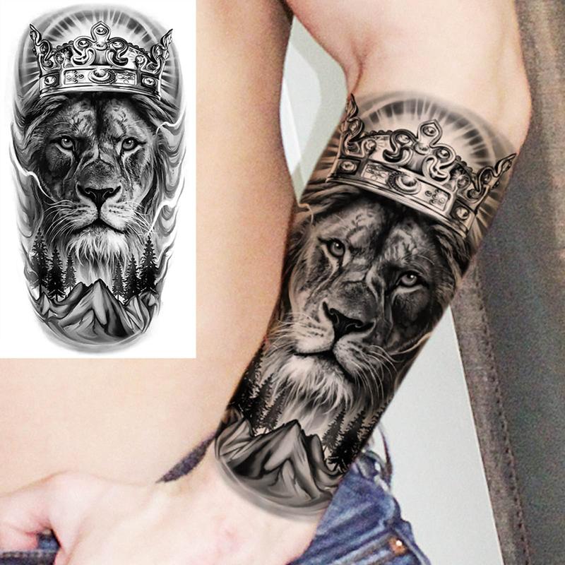 Lion & Crown Pattern Temporary Tattoo Sticker, 1 Count Waterproof Long Lasting Fake Tattoo Sticker, Body Art Decoration for Women & Men