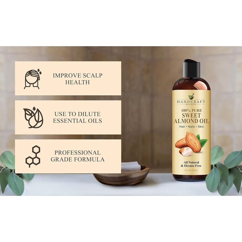 Handcraft Blends Sweet Almond Oil - 8 Fl Oz - 100% Pure and Natural - Premium Grade Oil for Skin and Hair - Carrier Oil - Hair and Body Oil - Massage Oil - Hexane-Free Handcraft Blends Handcraft Blends Handcraft Blends