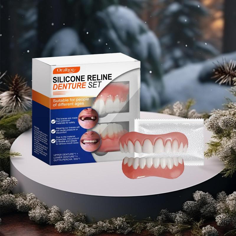 Silicone Denture Set, 1 Box Comfortable Material Denture, Temporary Denture, Denture Care Product for Men & Women Daily Use, Christmas Gift