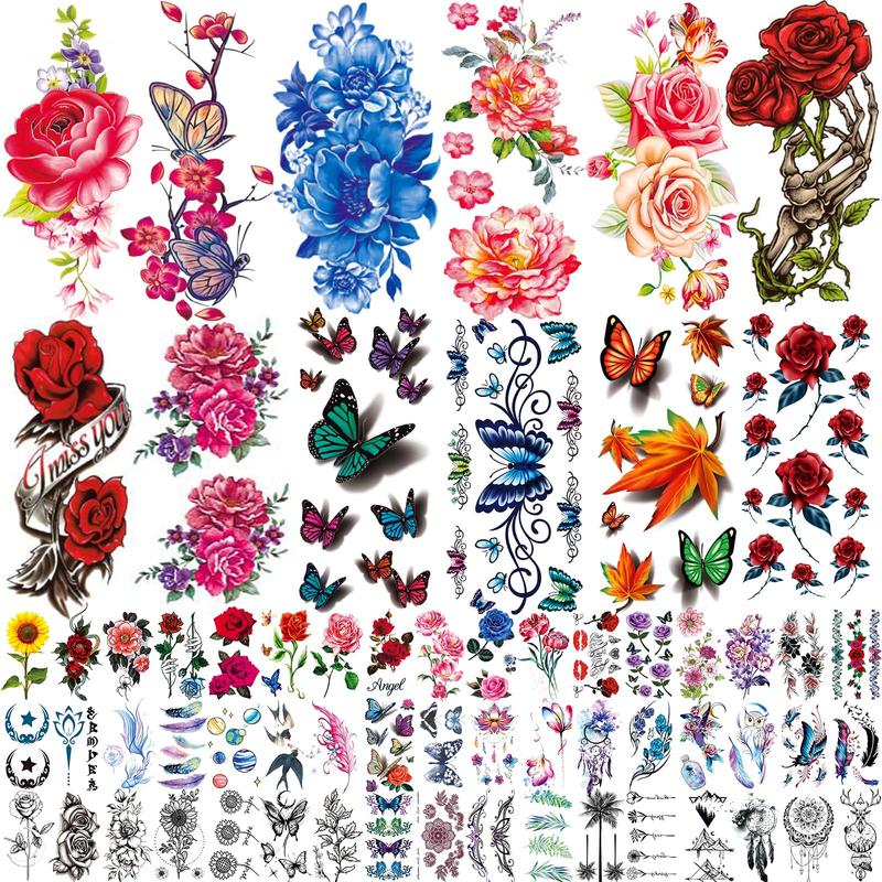 82 Sheets Flowers Temporary Tattoos Stickers, Roses, Butterflies and Multi-Colored Mixed Style Body Art Temporary Tattoos for Women, Girls or Kids