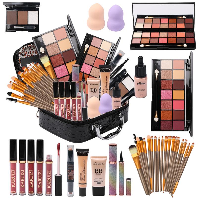 All in One Makeup Kit for Makeup storage bag 2X14 Colors Eyeshadow Palette Liquid Foundation Eyeliner Pencils Contouring Stick Lip Gloss Eyebrow Pencils 20 count Makeup Brushes etc For Women Girls Teens (Black)