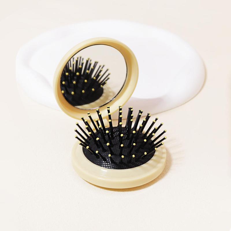 Heatless Folding Hair Brush with Mirror, Portable Compact Travel Haircare Hair Comb, Portable Travel Hair Massage Brush with Cosmetic Mirror