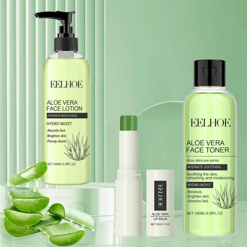 Aloe Vera Facial Skincare Kit, Moisturizing Face Lotion & Soothing Toner & Lip Balm, Hydrating Skin Care Kit for Face & Body, Skin Care Product for Women & Men