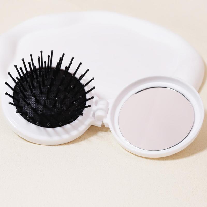 Heatless Folding Hair Brush with Mirror, Portable Compact Travel Haircare Hair Comb, Portable Travel Hair Massage Brush with Cosmetic Mirror