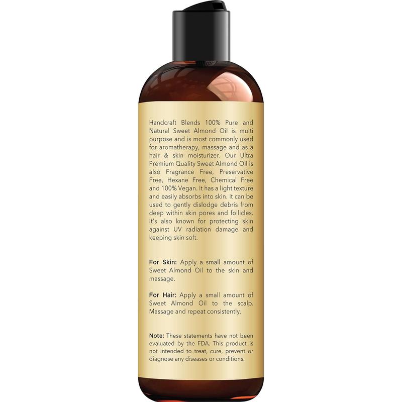 Handcraft Blends Sweet Almond Oil - 8 Fl Oz - 100% Pure and Natural - Premium Grade Oil for Skin and Hair - Carrier Oil - Hair and Body Oil - Massage Oil - Hexane-Free Handcraft Blends Handcraft Blends Handcraft Blends