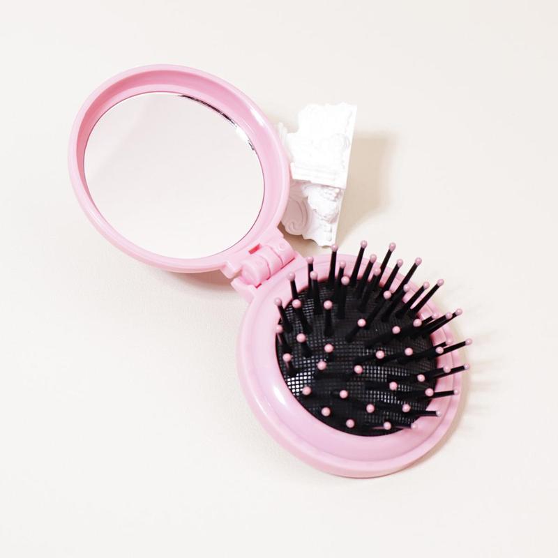 Heatless Folding Hair Brush with Mirror, Portable Compact Travel Haircare Hair Comb, Portable Travel Hair Massage Brush with Cosmetic Mirror