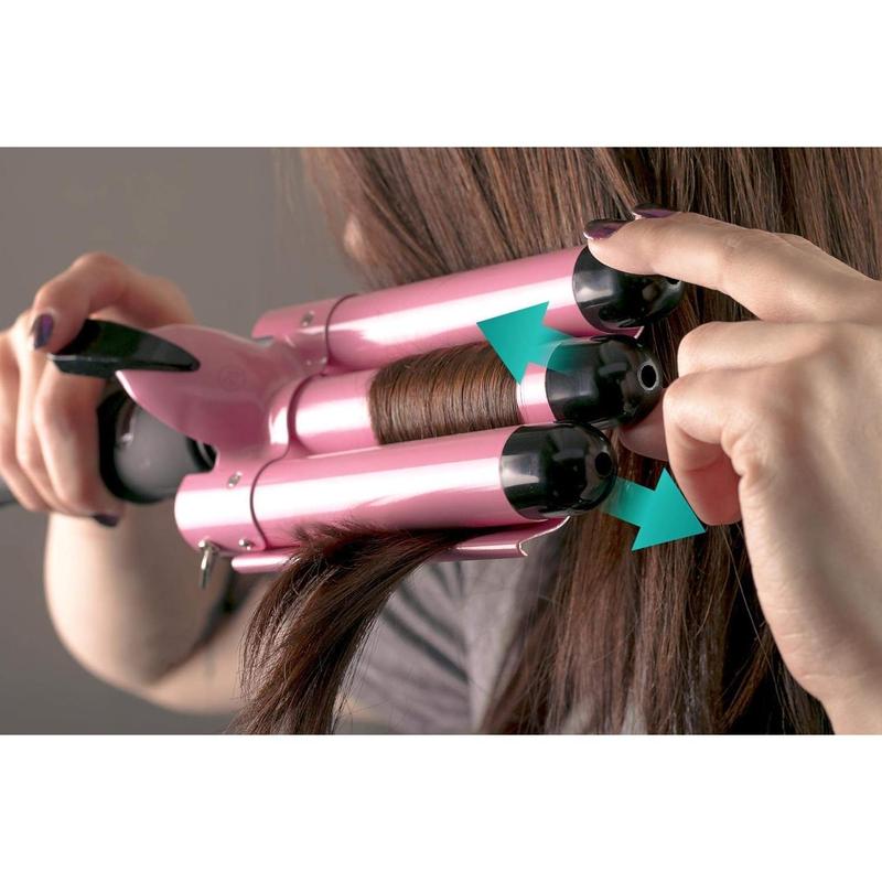 3 Barrel Hair Waver for Beachy Frizz-Free Waves w LCD Temperature Display - 1 Inch Ceramic Tourmaline Triple Barrels, Dual Voltage Crimping Tool