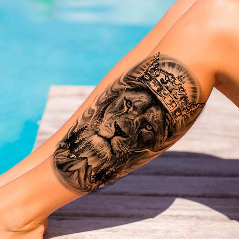 Lion & Crown Pattern Temporary Tattoo Sticker, 1 Count Waterproof Long Lasting Fake Tattoo Sticker, Body Art Decoration for Women & Men