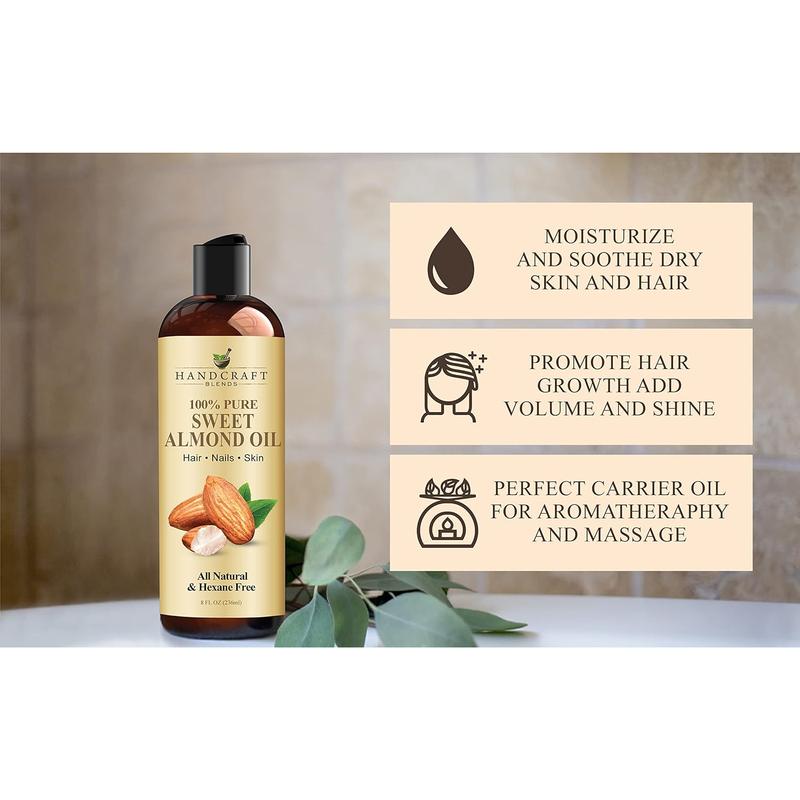 Handcraft Blends Sweet Almond Oil - 8 Fl Oz - 100% Pure and Natural - Premium Grade Oil for Skin and Hair - Carrier Oil - Hair and Body Oil - Massage Oil - Hexane-Free Handcraft Blends Handcraft Blends Handcraft Blends