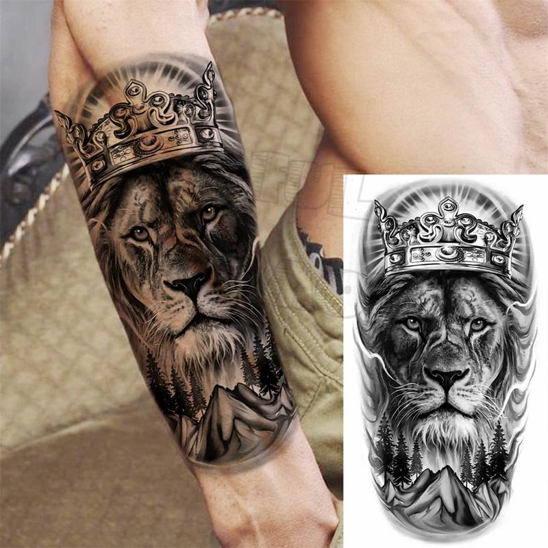 Lion & Crown Pattern Temporary Tattoo Sticker, 1 Count Waterproof Long Lasting Fake Tattoo Sticker, Body Art Decoration for Women & Men