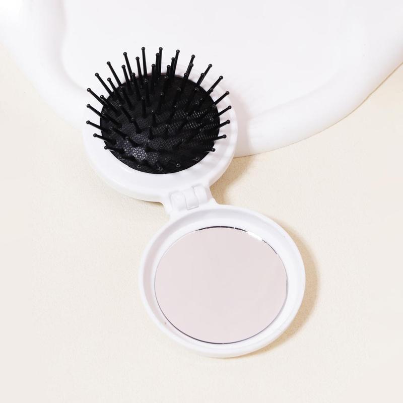 Heatless Folding Hair Brush with Mirror, Portable Compact Travel Haircare Hair Comb, Portable Travel Hair Massage Brush with Cosmetic Mirror