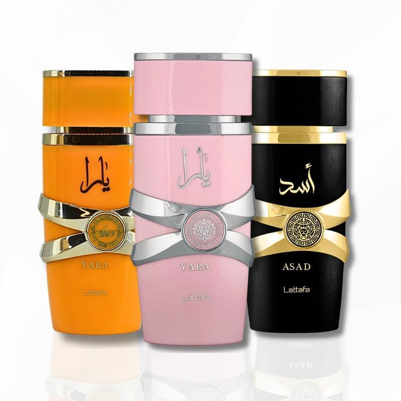 Lattafa for Unisex 3 Piece Eau de Parfum Gift Set (Yara for Women + Yara Tous for Women + Asad for Men) 3.4 Ounce 100 ml each