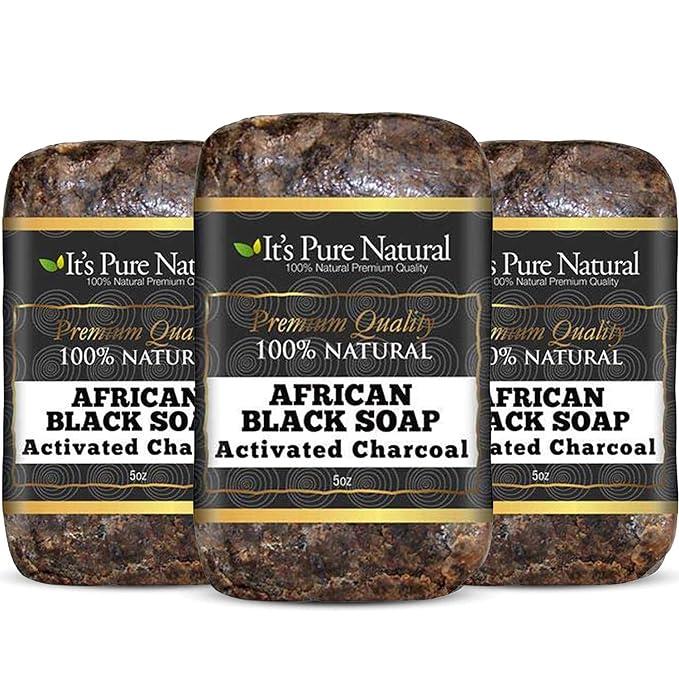 It's Pure Natural African Black Soap Bars with Activated Charcoal (Pack of 3) Organic Raw Soap for Face & Body Body Care Body Wash