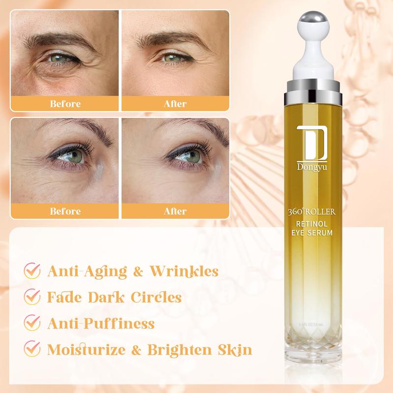 Dongyu Retinol Eye Serum 360° Roller with Caffeine and Yeast Extract for Dark Circles, Puffiness, and Wrinkles, 1-Pack and 2-Pack Skin Care Comfort