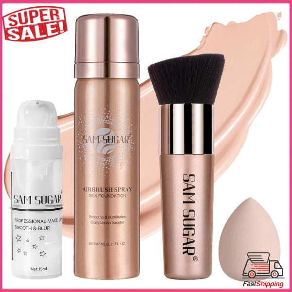 AirBrush Foundation Spray Set, Longwear Waterproof Matte Foundation Mist for Flawless Look, Spray Foundation Makeup and Hydrating Face Primer Kit, Brush and Sponge Include