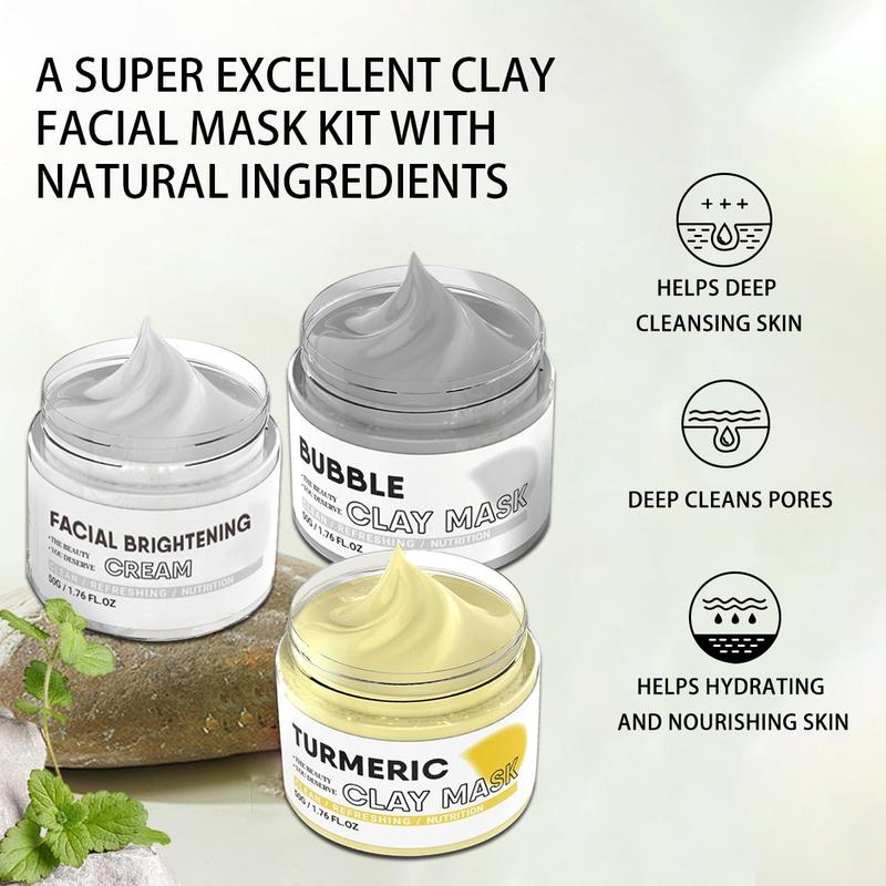 3 in 1 Facial Clay Mask Set, Including Turmeric Clay Mask, Bubble Clay Mask & Facial Cream, 3 Counts Facial Skincare Products Set, Summer Gifts