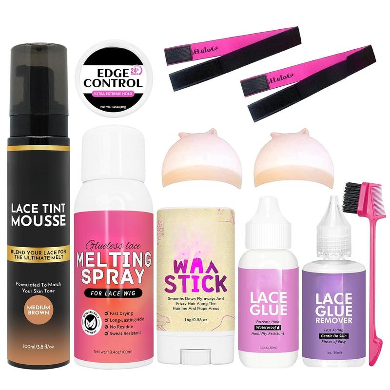 Lace Glue Kit Lace Tint Mousse Wig Glue Kit complete set lace front kit wig installation kit wig melting kit Melting Spray for Lace Wig Melt Wig Essentials (Medium Brown)