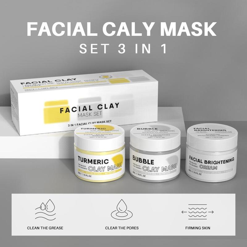 3 in 1 Facial Clay Mask Set, Including Turmeric Clay Mask, Bubble Clay Mask & Facial Cream, 3 Counts Facial Skincare Products Set, Summer Gifts