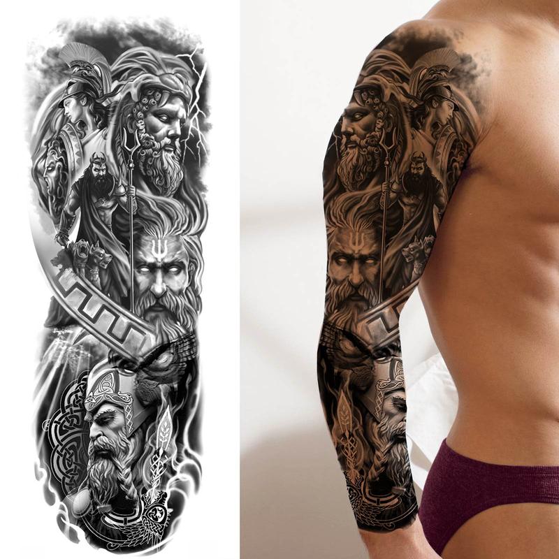 Greek Mythology Warrior Pattern Full Arm Temporary Tattoo, Waterproof Long Lasting Realistic Fake Sleeve Tattoo, Body Art Sticker for Men & Women