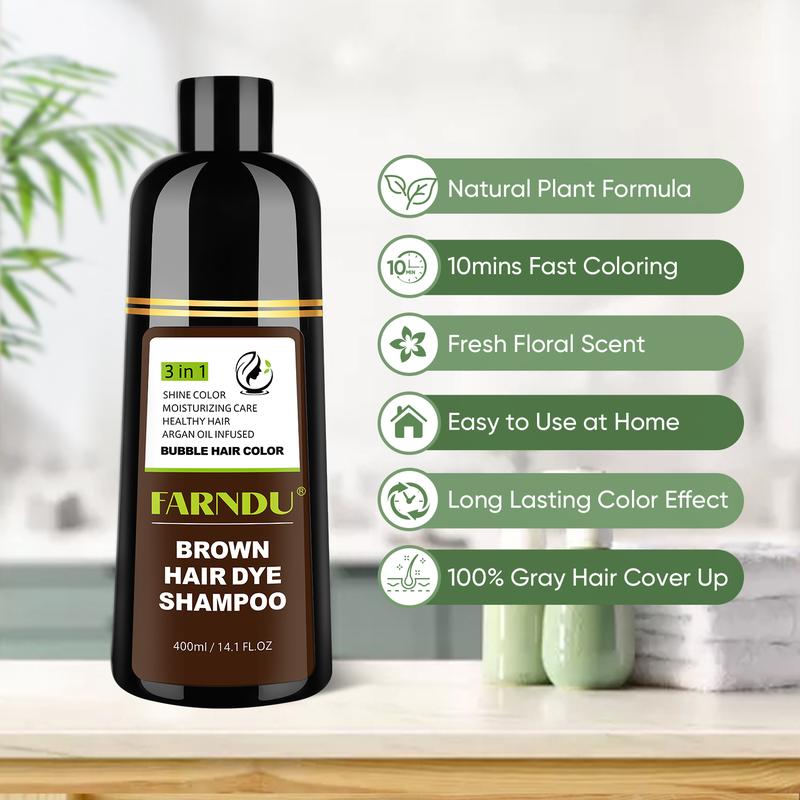 FARNDU Hair Color Shampoo - Various Colors Available - 10 Mins Gray Hair Coverage - Long Lasting - Ammonia-Free -  3-In-1 Gray Hair Coverage - Fruity Aroma(400 mL)-Brown