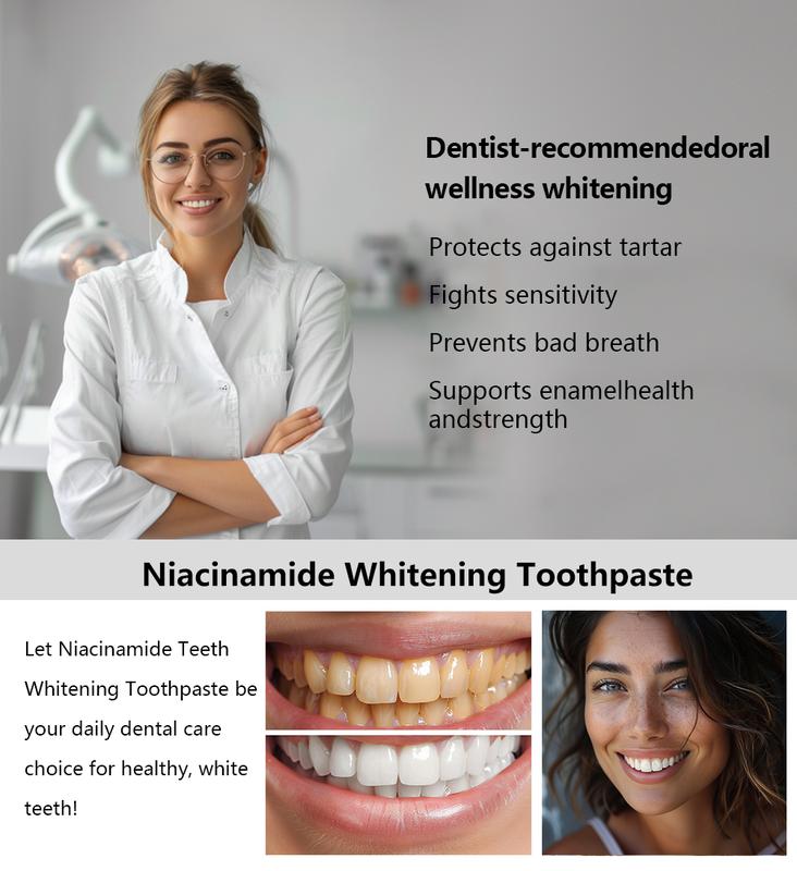 Bodyaccel Toothpaste's newest fast-acting whitening formula - derived from natural peach extract - niacinamide!