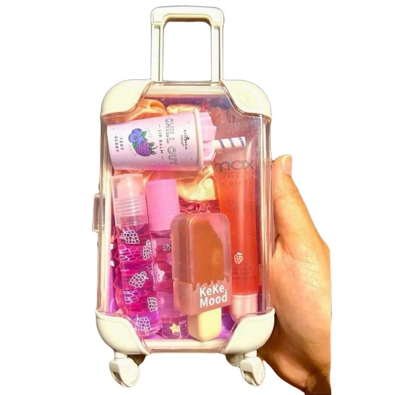 Mini Suitcase Lipgloss Bundle - Lip Care Kit with Lip Balm, Lip Gloss, and Lipstick - Cosmetic, Makeup Lip Oil - Gift, Glossy