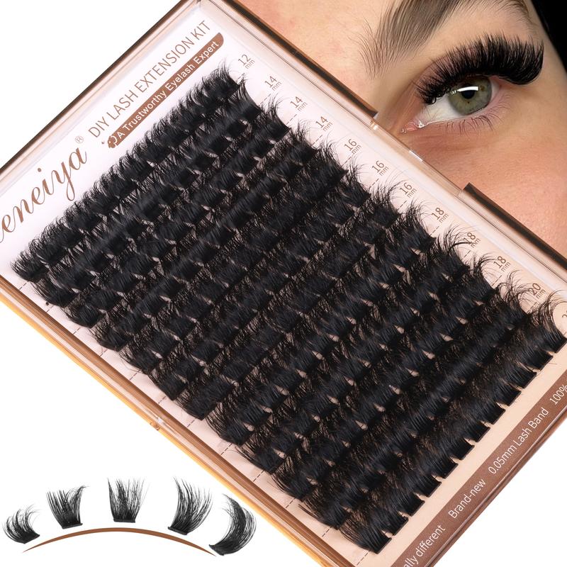 Geeneiya 200D Lash Extension Kit 12-20mm Fluffy Eyelash Extension Kit Thick Volume Lash Clusters Kit Wispy DIY Individual Eyelashes Kit with Lash Bond and Seal, Lash Applicator (D Curl, Thick Faux Mink-G08K)