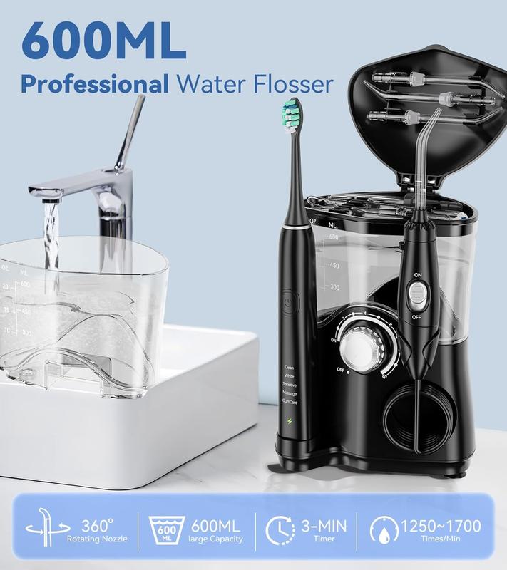 Water Flosser & Ultrasonic Electric Toothbrush Combo, 600ML Water Dental Flosser Toothbrush  10 Adjustable Water Pressure Oral