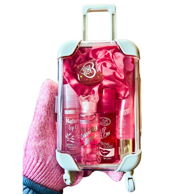 Mini Suitcase Lipgloss Bundle - Lip Care Kit with Lip Balm, Lip Gloss, and Lipstick - Cosmetic, Makeup Lip Oil - Gift, Glossy