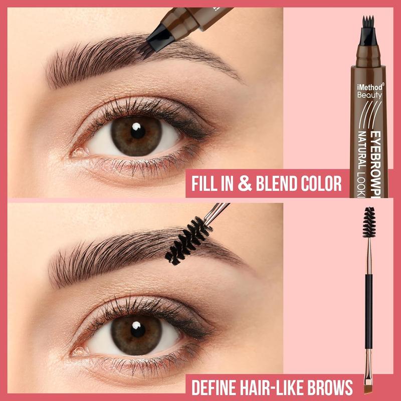 Eyebrow Pen - Eyebrow Pencil Upgraded Eye Brow Pencils for Women with 4 Fork Tip & Spoolie Brush for Hair-Like Natural Brows, Last All-Day, Microblading Eyebrow Pen, Light Brown