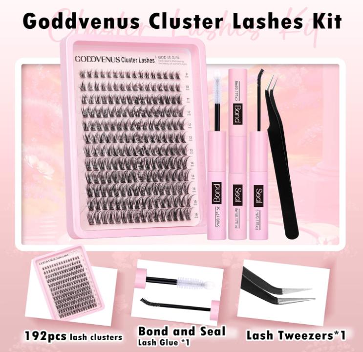 Lash Clusters Kit Wispy Lash Extension Kit Waterproof Lashes Clusters DIY Eyelash Clusters Kit with Natural Individual Eyelashes, Lashes Glue Bond and Seal and Lash Tweezers (D Curl 192pcs)