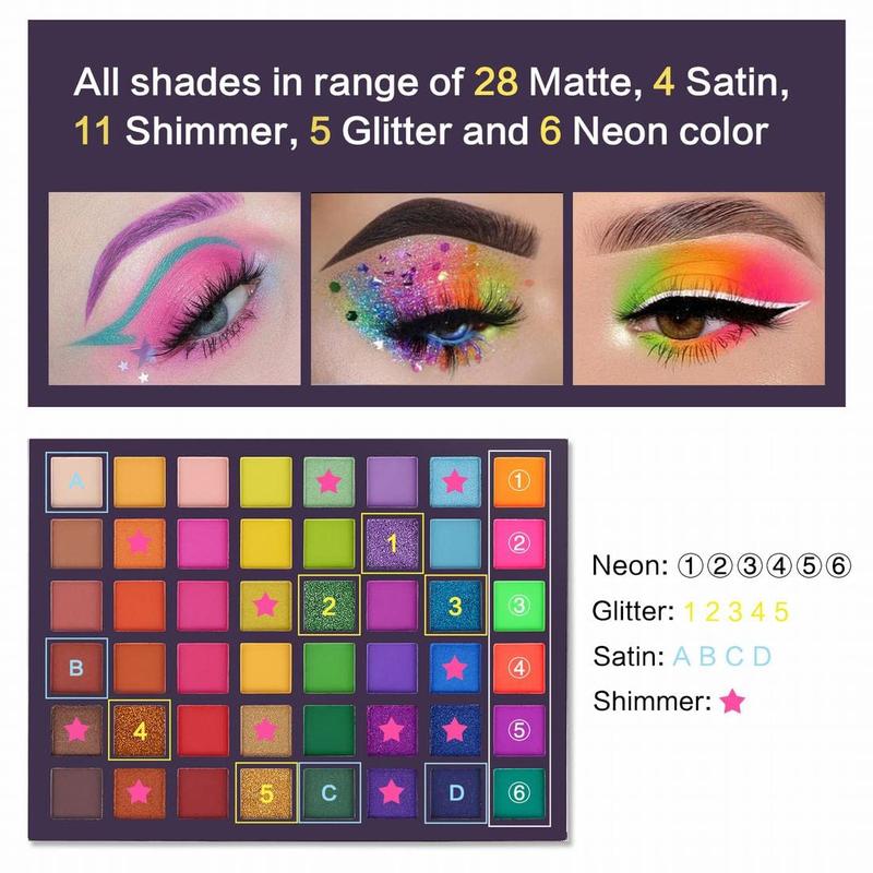 Neon Eyeshadow Makeup Palette - 48 Colorful High Pigmented - Rainbow Matte Shimmer Glitter Eye Shadow Make Up Pallete Pack Waterproof Cosmetic