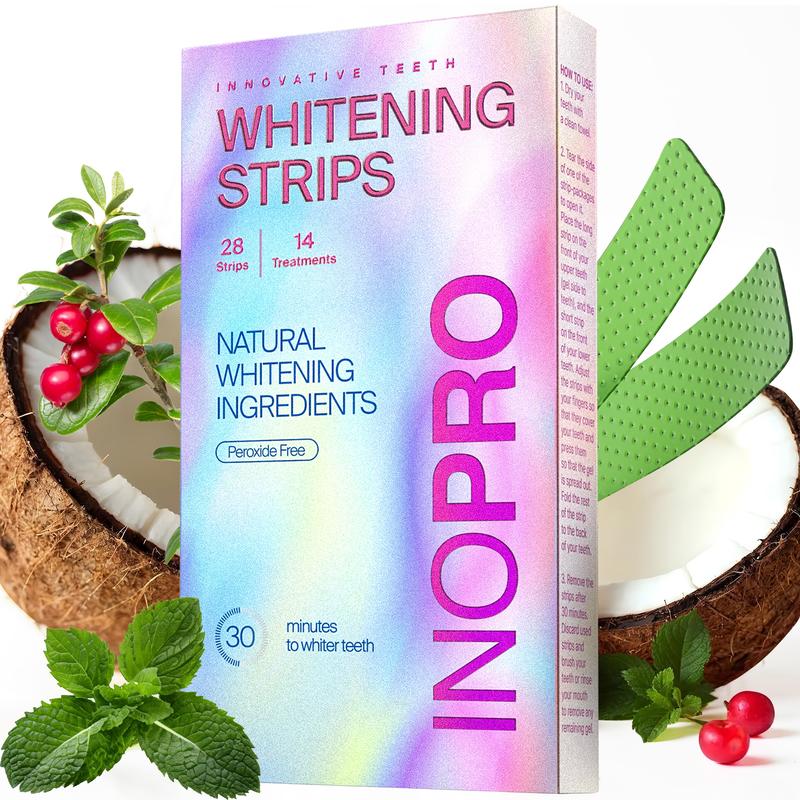 InoPro Teeth Whitening Strips 14 Treatments Kit, Peroxide Free Gentle Enamel Safe Green Strips, Instant Teeth Brightener w  Coconut Oil (28 Strips)