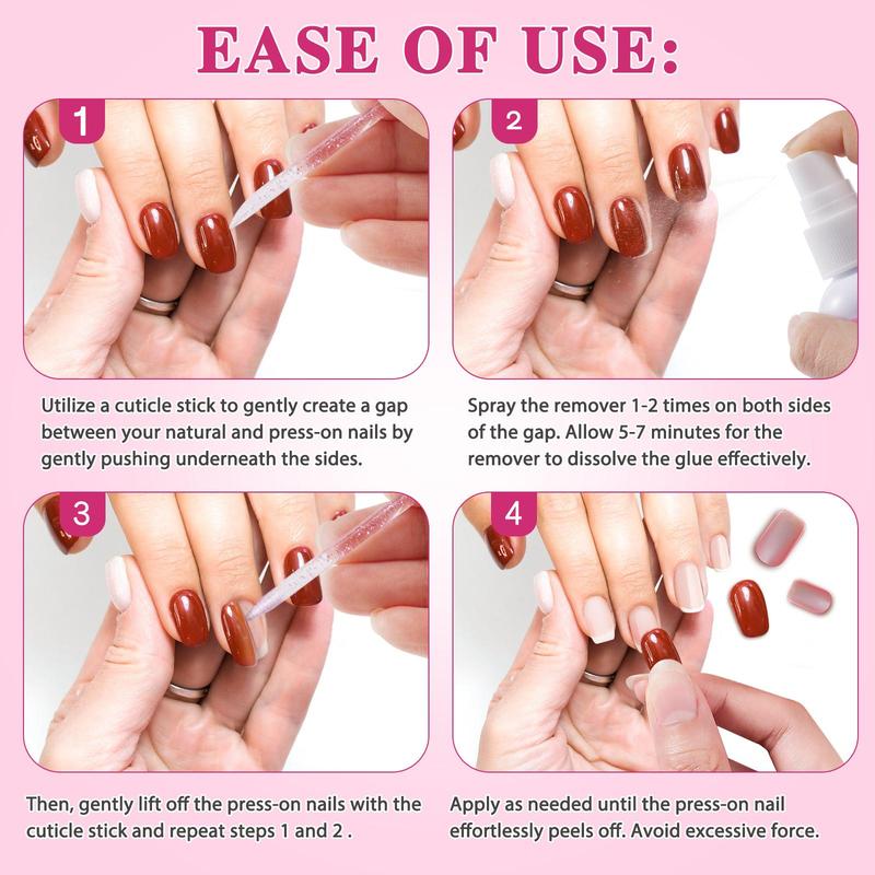 Press on Nail Remover, 1 Box Gentle and Effective Removal Nail Polish Remover with 2 Counts Cuticle Sticks, Nail Care Product for Women & Girls