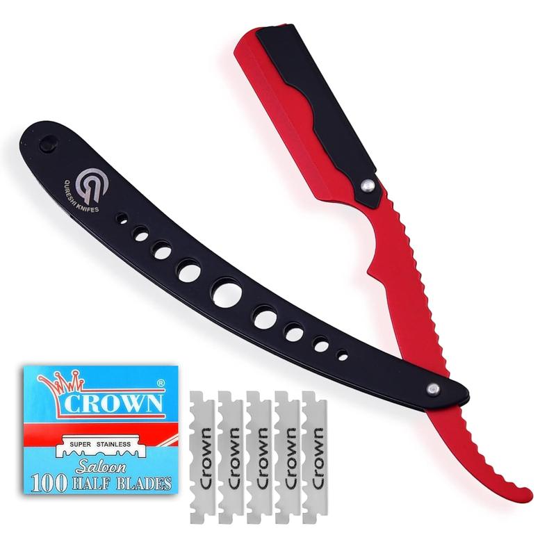 Men Straight Edge Razor - Professional Barber Razor for Men - Mens Straight Razor with 100 Blades - Men Straight Razor for Beard - Straight Single Edge Razor for Barber Equipment (Black & Red)