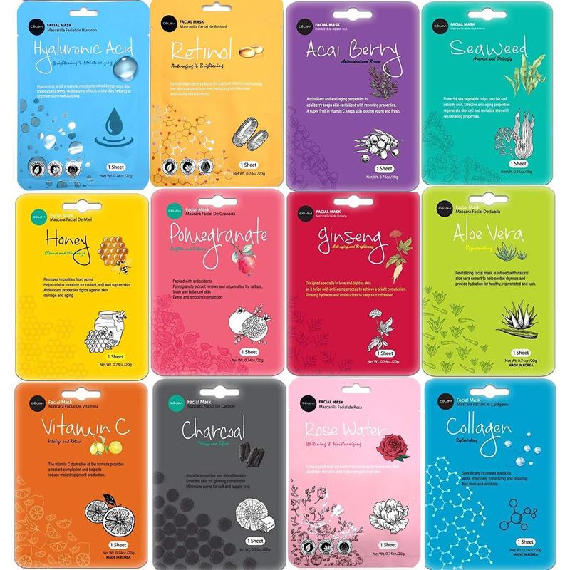 celavi Face Mask Set Korean Beauty Essence Facial Paper Sheet Mask Korea Skin Care Moisturizing 12 New flavors K-Beauty Skincare 12 masks in a pack Made in Korea