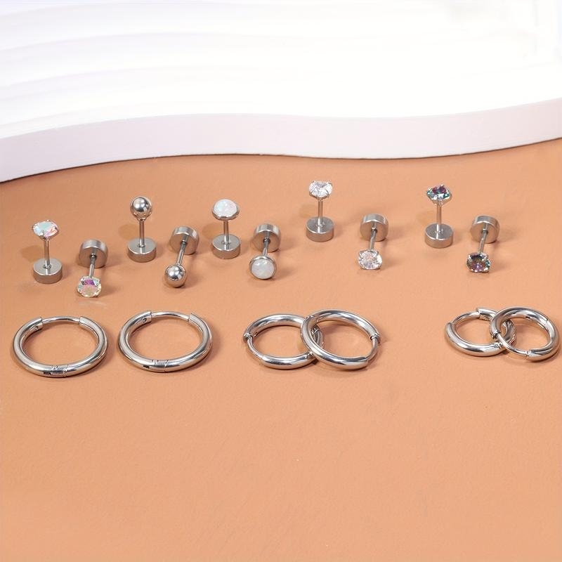 8 Pairs Surgical Stainless Steel Earrings for Sensitive Ears Small Opal Ball CZ Flat Back Stud Earrings Hypoallergenic Hoop Earrings for Women Men 20G Cartilage Earrings