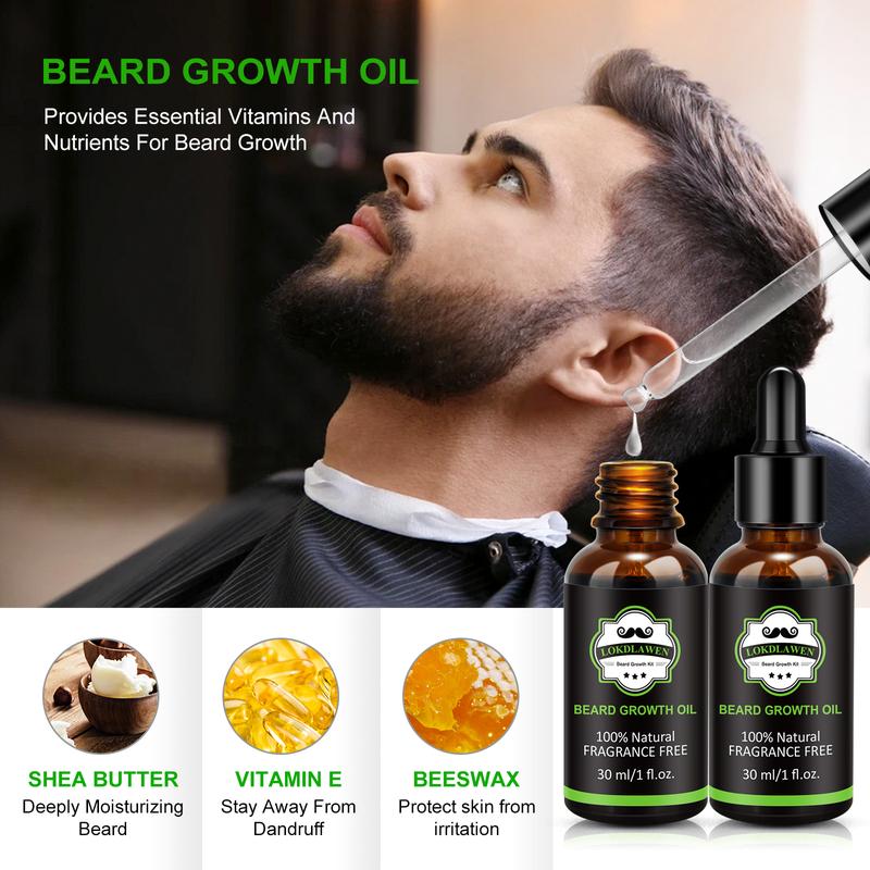 Beard Growth Kit,  Beard Care Kit with Beard Massager, Growth Oil(2 Pack), Wash, Balm, Comb, Storage Bag, E-Book - Gifts for Men Dad Husband Boyfriend