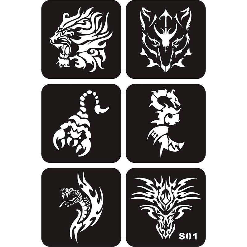 6 Sheets Temporary Tattoo Stencils, 34pcs Animal Tiger Wolf Totem Patterns Henna Tattoo Stencil Kit Temporary Glitter Airbrush Tattoo Stencils Arabian Tattoo Stickers for Face Body Paint Art