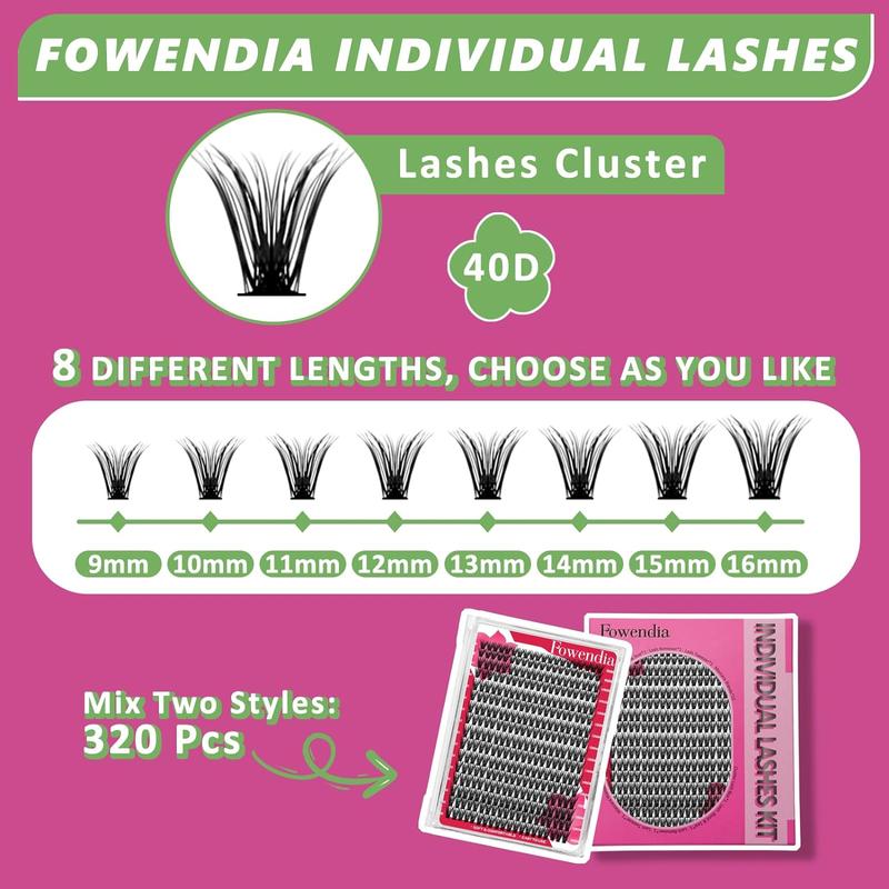 Fowendia lashes DIY Eyelash Extension Kit 9-16mm C D Curl Lashes Adhesive Sealant Remover Waterproof Lash Clusters Kit Applicator Perfect for Beginners Rainbow Colored Lashes Home Makeup Kit for Cosmetic