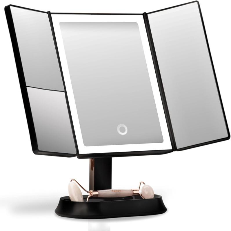 Makeup Mirror with Natural LED Lights, Lighted Trifold Vanity Mirror with 5X & 7X Magnifications - 40 Dimmable Lights, Touch Screen, Cosmetic Stand - Sora (Black)