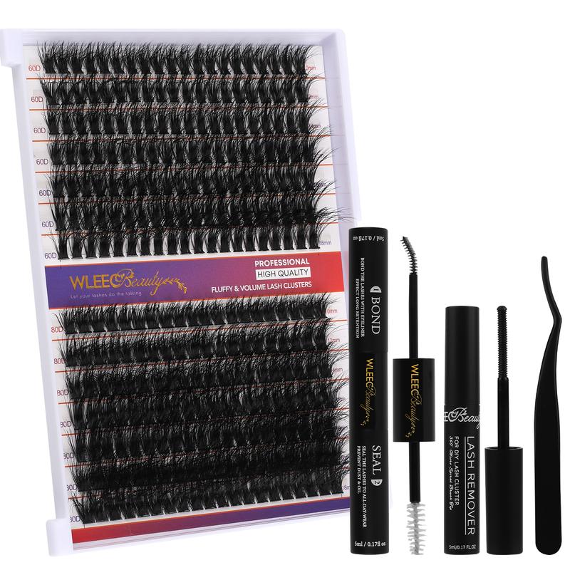 Wleec Beauty Fluffy Lash Extension Kit 60D 80D Thick Lash Clusters, 40D 50D Fluffy Lash Clusters Wispy wiith Lash Bond and Seal, Lash Remover, 280PCS Volume D Curl Individual Lashes Wispy Mixed 10-18mm DIY Eyelash Extension Kit at Home