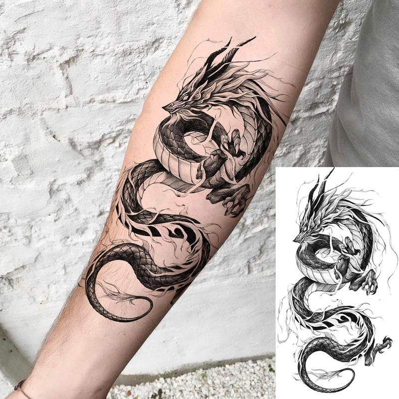 8 Sheets Cool Dragon Temporary Tattoos For Men Women Adults, Black Realistic Dragon  Sticker Half Arm Sleeve, Waterproof Tribal Totem  Tattoos That Look Real and Long Lasting Set Kit