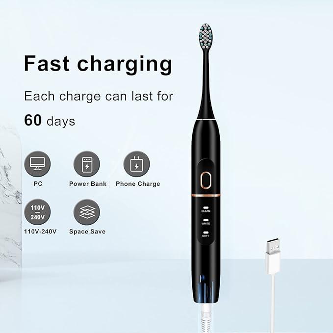 Electric Toothbrush with 8 Brush Heads, Travel Case, 4 Modes, 60-Day Battery, 42,000 VPM Sonic Motor, and Smart Timer for Effective Cleaning (Black)