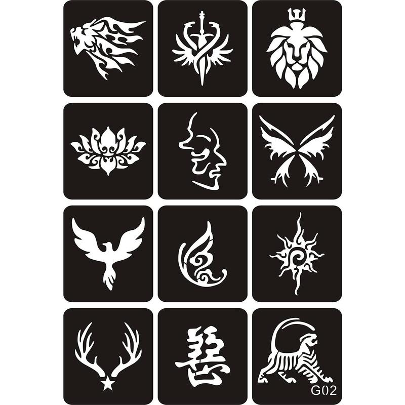 6 Sheets Temporary Tattoo Stencils, 34pcs Animal Tiger Wolf Totem Patterns Henna Tattoo Stencil Kit Temporary Glitter Airbrush Tattoo Stencils Arabian Tattoo Stickers for Face Body Paint Art