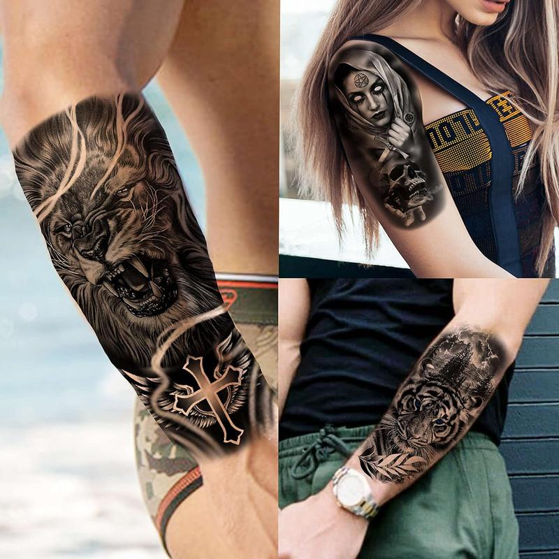 64 Sheets Large Black Arm Temporary Tattoos For Men Forearm Women Thigh, Half Sleeve Animals Lion Tiger Wolf Temp Tattoo Stickers Adults, Death Skull Compass Flower Fake Tattoos That Look Real