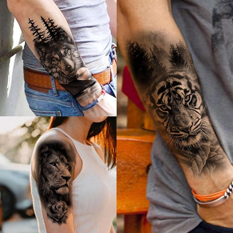 64 Sheets Large Black Arm Temporary Tattoos For Men Forearm Women Thigh, Half Sleeve Animals Lion Tiger Wolf Temp Tattoo Stickers Adults, Death Skull Compass Flower Fake Tattoos That Look Real