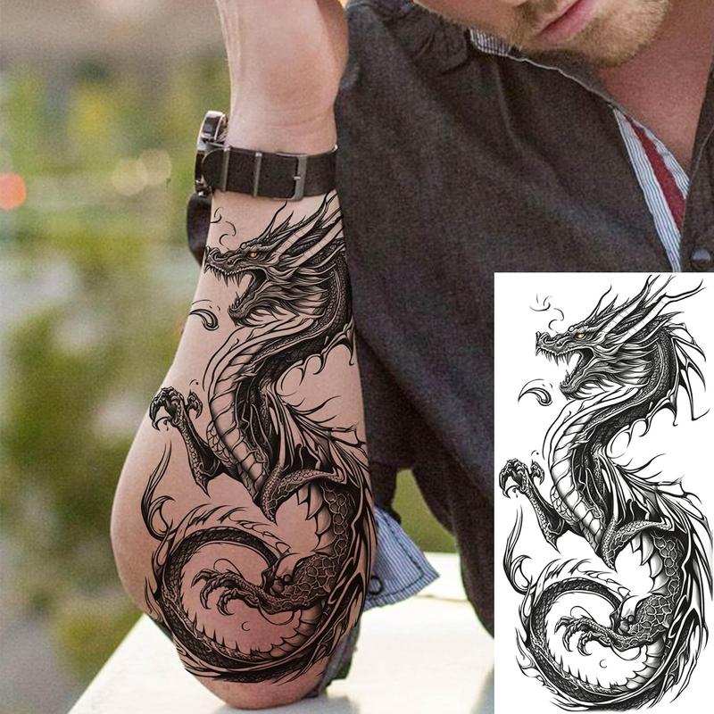 8 Sheets Cool Dragon Temporary Tattoos For Men Women Adults, Black Realistic Dragon  Sticker Half Arm Sleeve, Waterproof Tribal Totem  Tattoos That Look Real and Long Lasting Set Kit