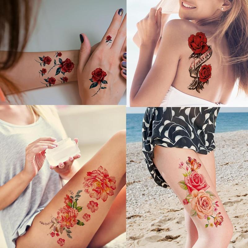 82 Sheets Flowers Temporary Tattoos Stickers, Roses, Butterflies and Multi-Colored Mixed StyleBody Art Temporary Tattoos for Women, Girls or Kids