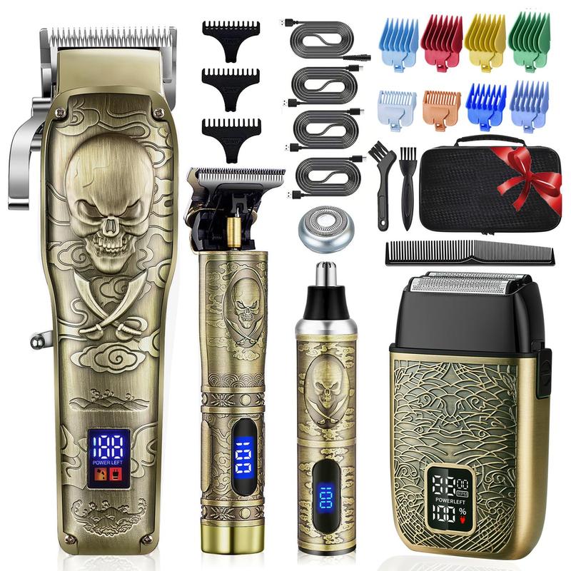 Professional Barber Kit, 1 Set Including Cordless Hair Clippers & Nose Hair Trimmer & Rechargeable Electric Shaver, Gift for Men